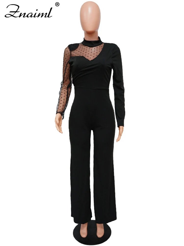 Znaiml Sexy Mesh Patchwork See Through Long Sleeve Straight Black Jumpsuit Women Wide Legs One Piece Rompers Office Lady Outfits