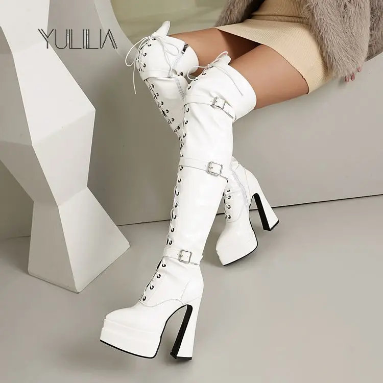 

YULILIA Sexy Fashion Nightclub Party Office Patent Leather Over Knee Women's Boots Pointed Platform Thick Heel High Heel Boots