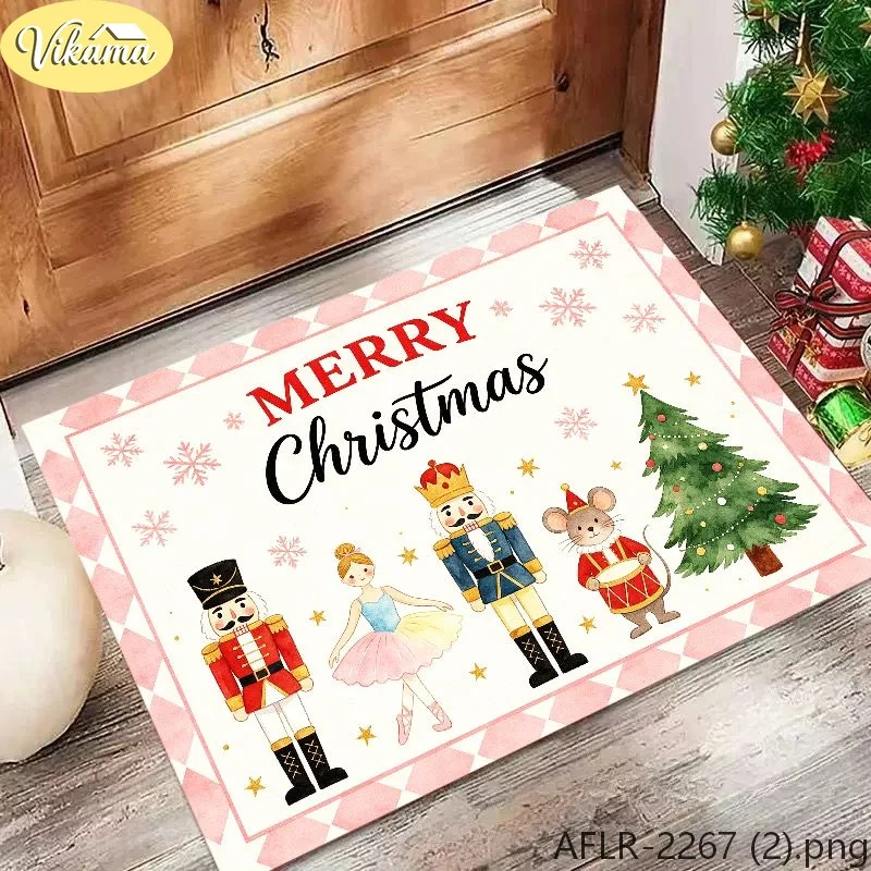 VIKAMA Typographic & Nutcracker Flannel Door Mat, Anti-Slip Absorbent Floor Mat, Decor for Front Door Entryway Kitchen Bedroom