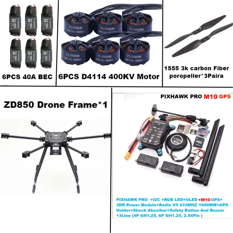 ZD850 PIXHAWK PRO M10 Full Carbon Fiber 850mm Hexa-Rotor Frame BLHELI 40A ESC  Flight Comtrol Rado Telemetry Set