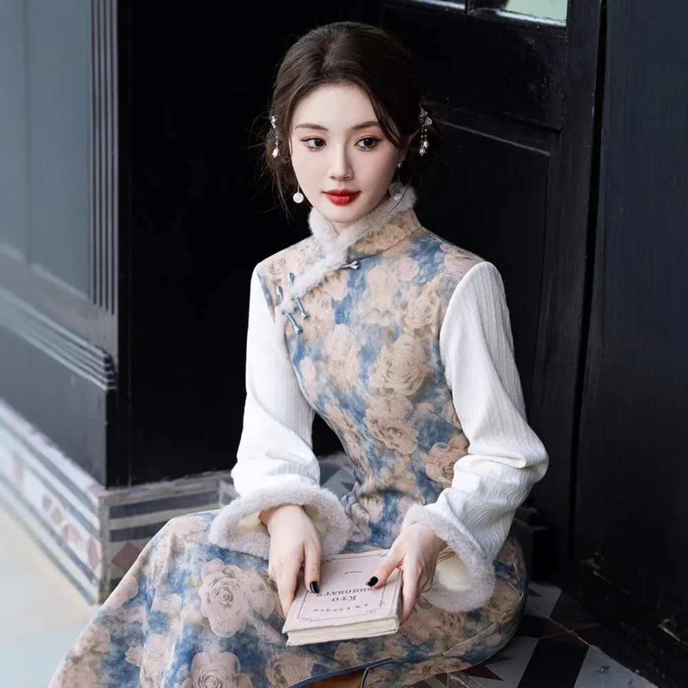 

Lady Fan Xin Chinese-style inverted large-sleeved cheongsam plush collar winter new velvet warm