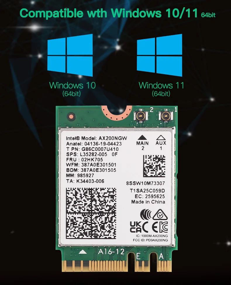 Antena Adaptador Sem Fio Dual Band, Placa de Rede Intel AX200 M.2, AX200NGW Desktop Kit, Bluetooth 5.2, WiFi 6, 802.11ax