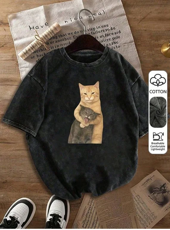 Women Men  Funny Hug Cat Pattern Printed Y2K Street Style Summer New Neutral Casual Washed T-shirt
