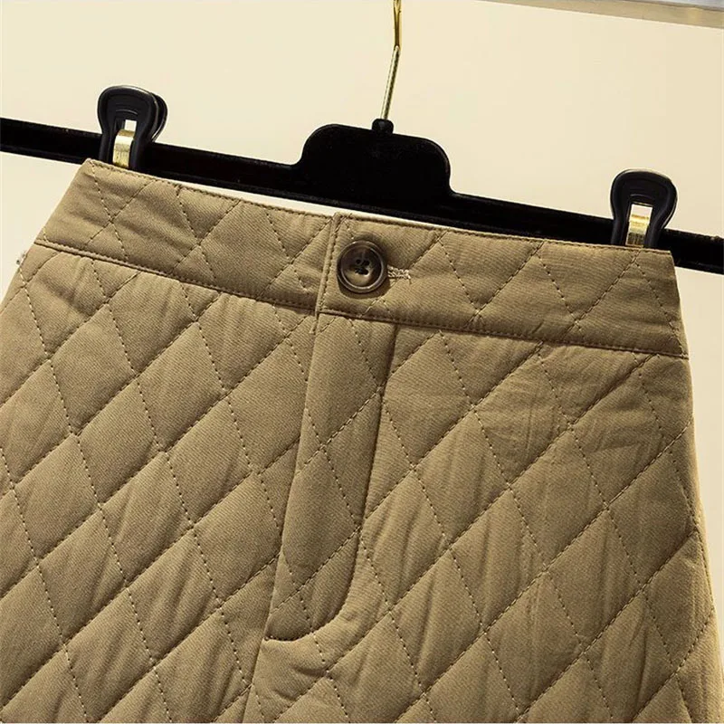 Women Fashion Down Cotton Skirt 2025 Spring Autumn Winter New Khaki Plaid A-line Skirt High Waist Thick Short Midi Skirt Female