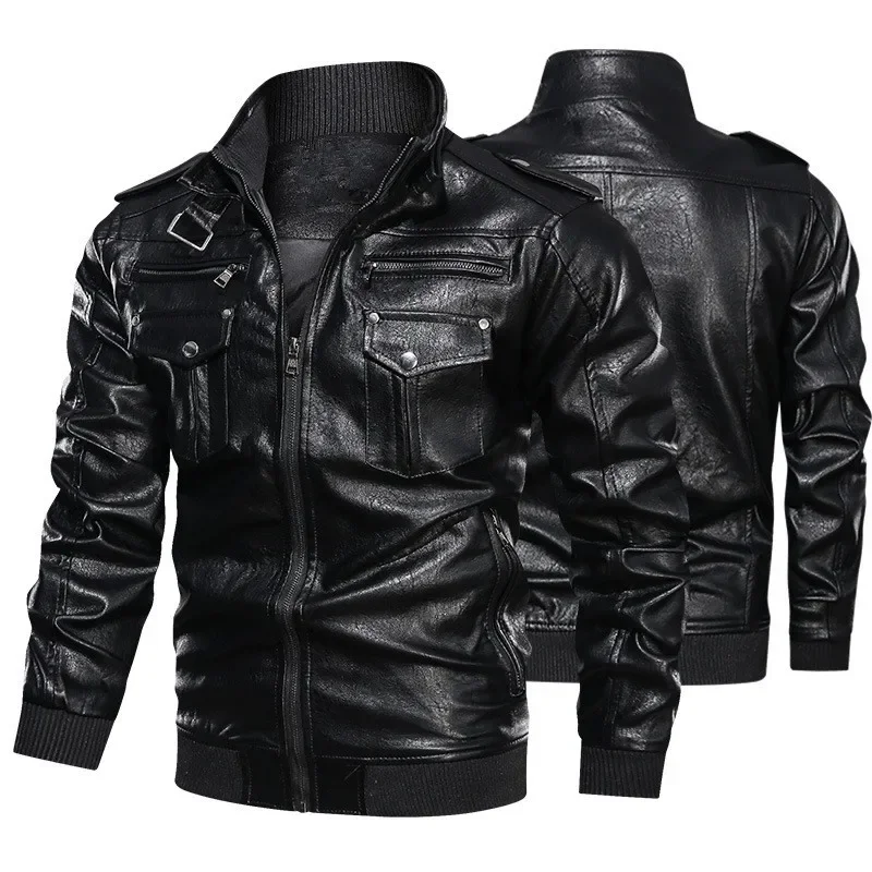 

Mens Leather Jacket Spring Autumn Motorcycle Coat Zipper Pockets Washed PU Outerwear Casual Fashion Short Leather Clothing