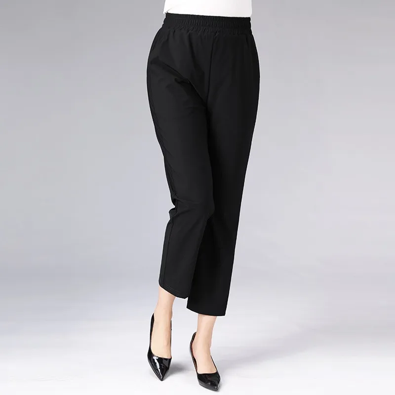 

Женские летние тонкие повседневные брюки из ледяного шелка, прямые, свободные, с эластичным поясом, удобные, хлопковые, базовые, укороченные (7/8)