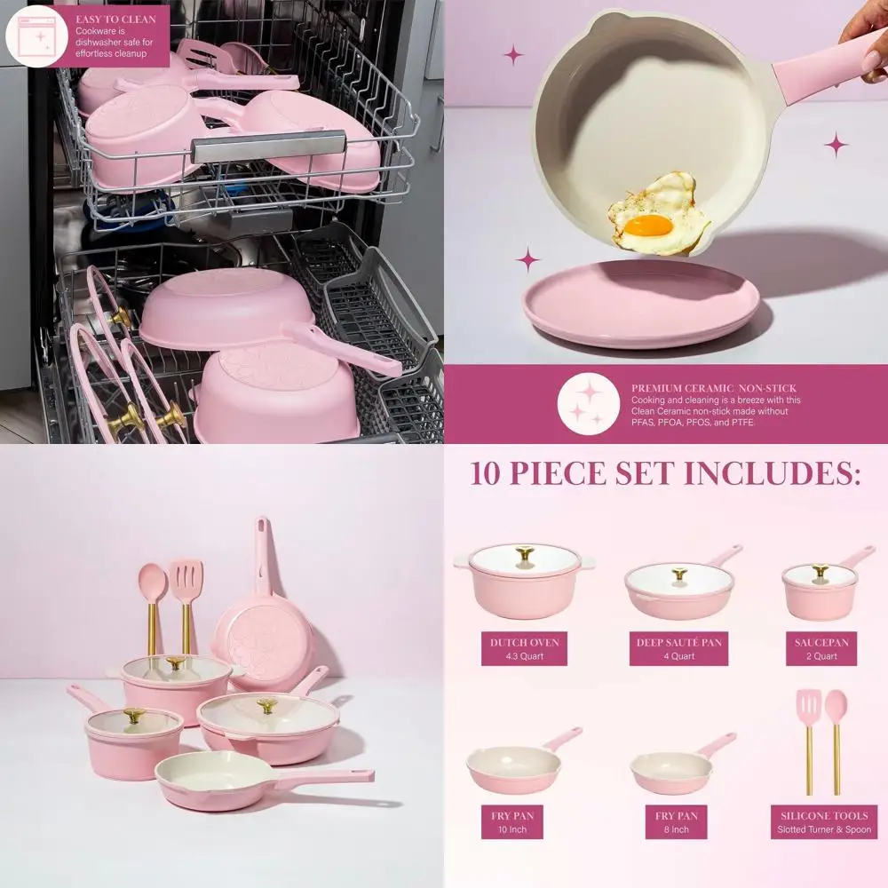 

10-Piece Pink Ceramic Nonstick Cookware Set with Cast Aluminum, Dual Layer Coating, Gold Heart Knobs, Stay-Cool Handles, Free of