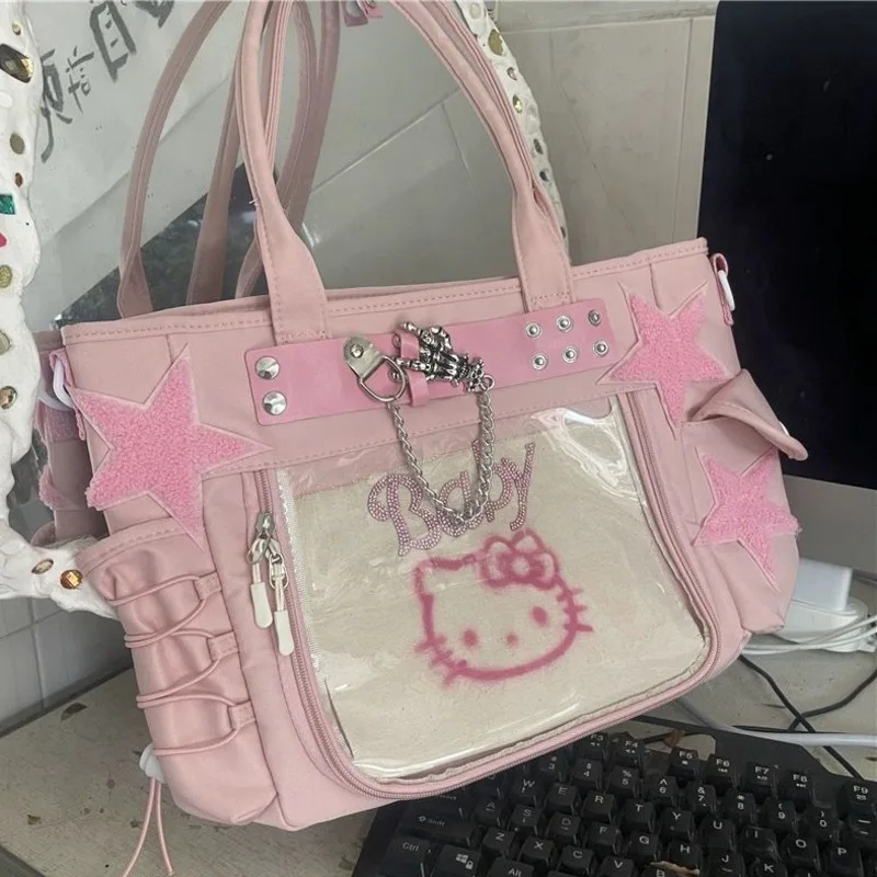 Miniso Sanrio Hellokitty Jk Pain Bags Transparent Pockets Kwaii Lolita Ita Bags Chain Decor Y2k Shoulder Bags Harajuku Bag Girls