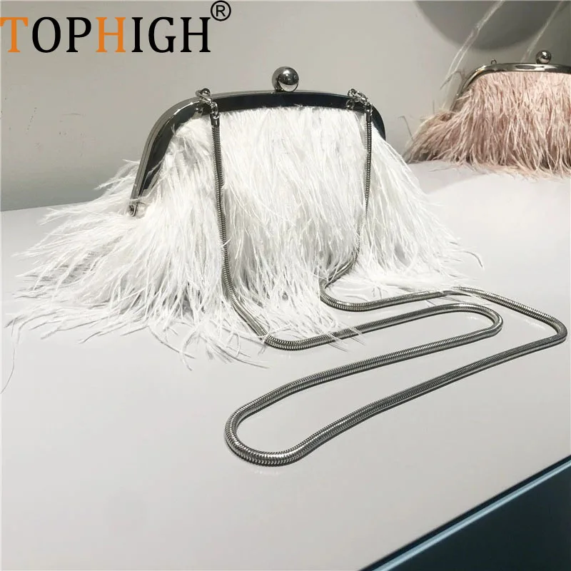 TOPHIGH Turkey Feather Handbag Women Evening Crossbody Bag Pearl Chain Snake Chain Shoulder Bag Luxury Women Bags Party Purse