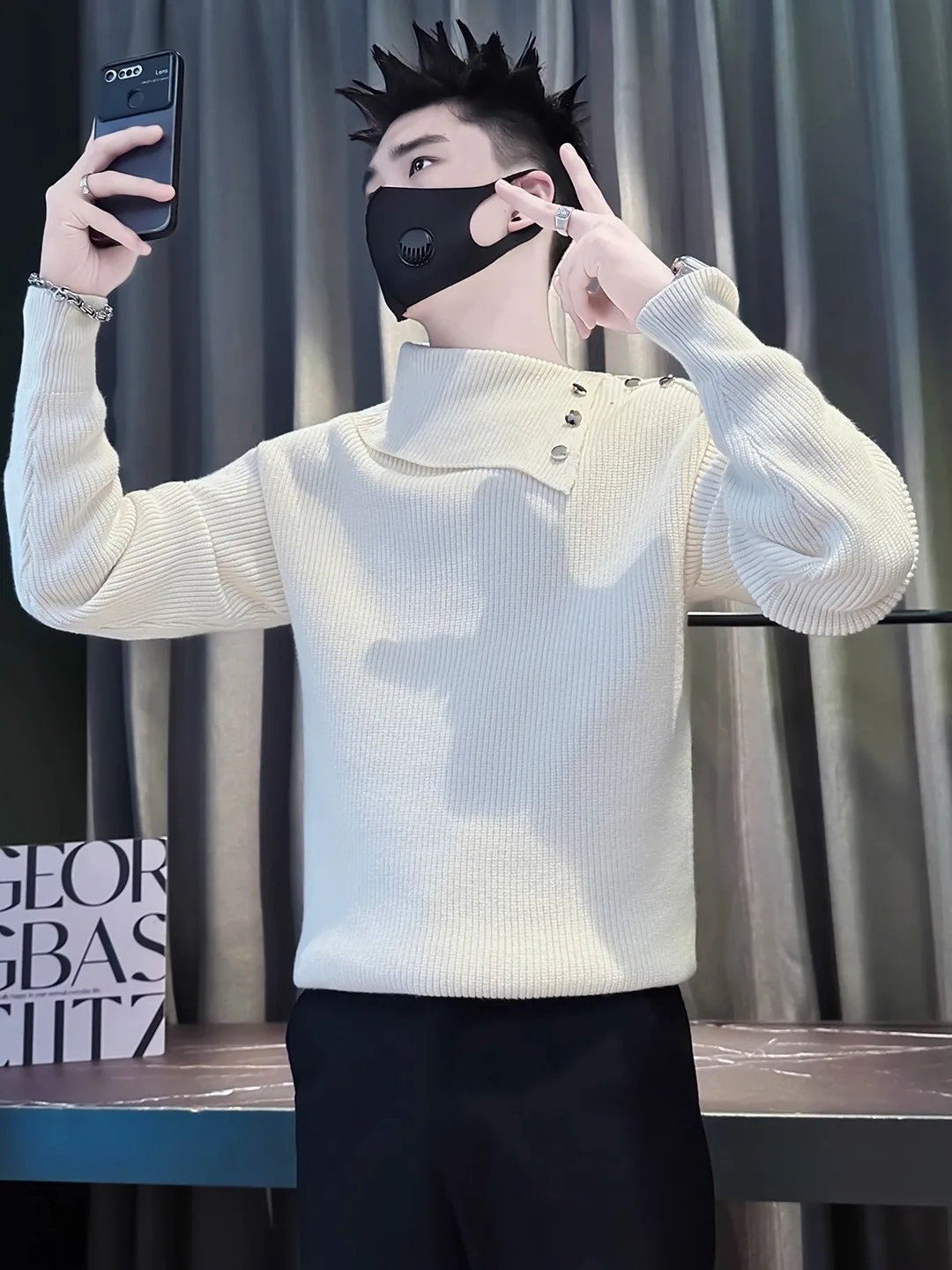 Faionable Knitted Men's Sweater with Changeable Collar Casual Sle Inner Wear Comfortable Soft Nylong Material Warmth Prov...