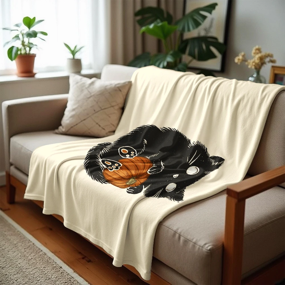 Pumpkin Black Kitten Soft Flannel Blanket Breathable Warm Throw for Office Car Sofa Kids Room Birthday Xmas Gift