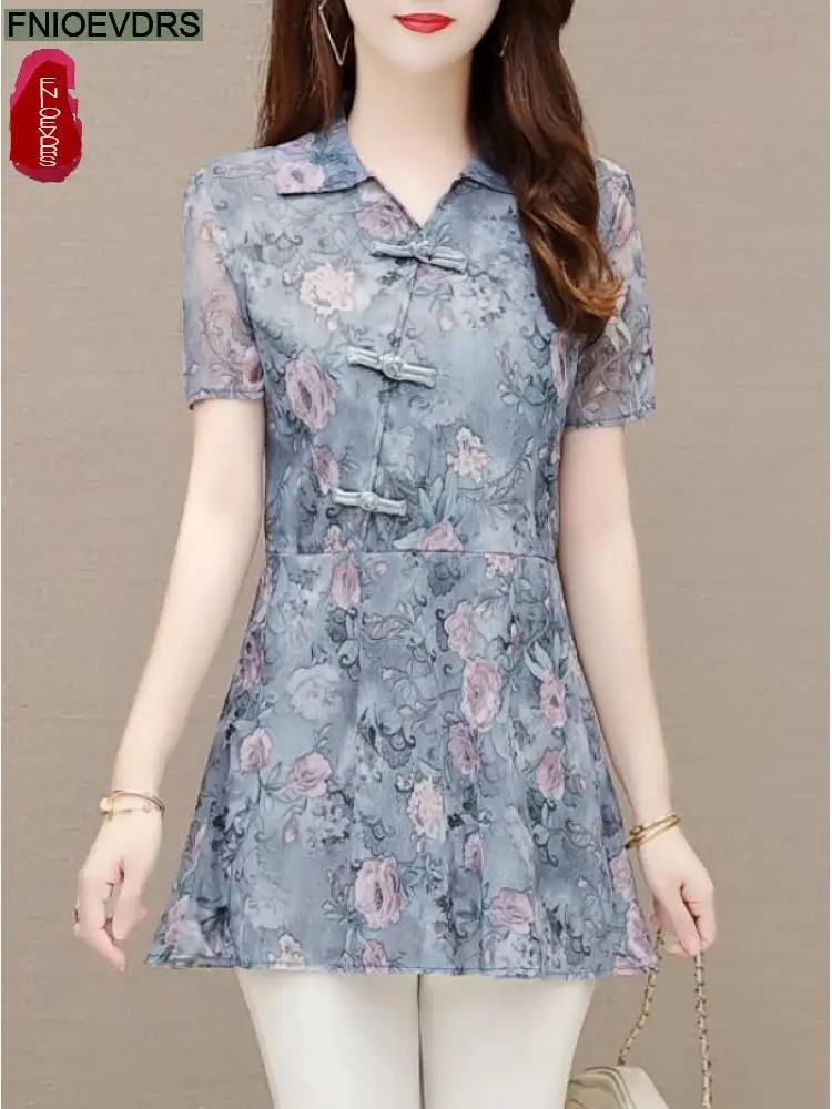 2022 Summer Short Sleeve Loose Lazy Clothes Floral Women Vintage Blouses Long Shirt Purple Female Casual Peplum Tunic Retro Tops