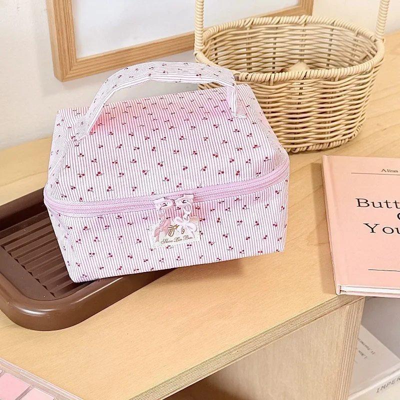 Cute Heart Cherry Print Handheld Makeup Bag, Portable Large Capacity Cosmetic Tote for Skincare and Travel Use