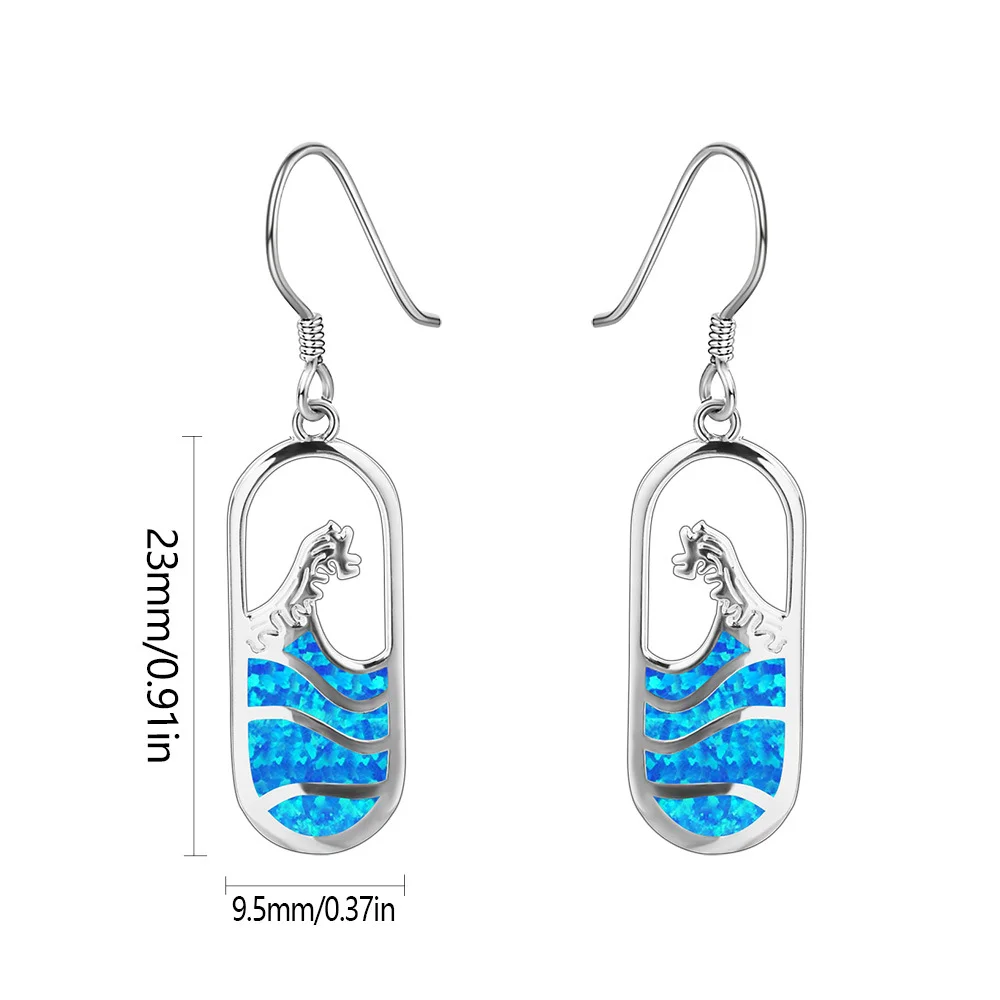 Blue Opal Earrings for Women,Silver Plated  Boho Style Oval Dangle Earrings with Carved Pattern,Elegant Hook Earrings Gift Idea