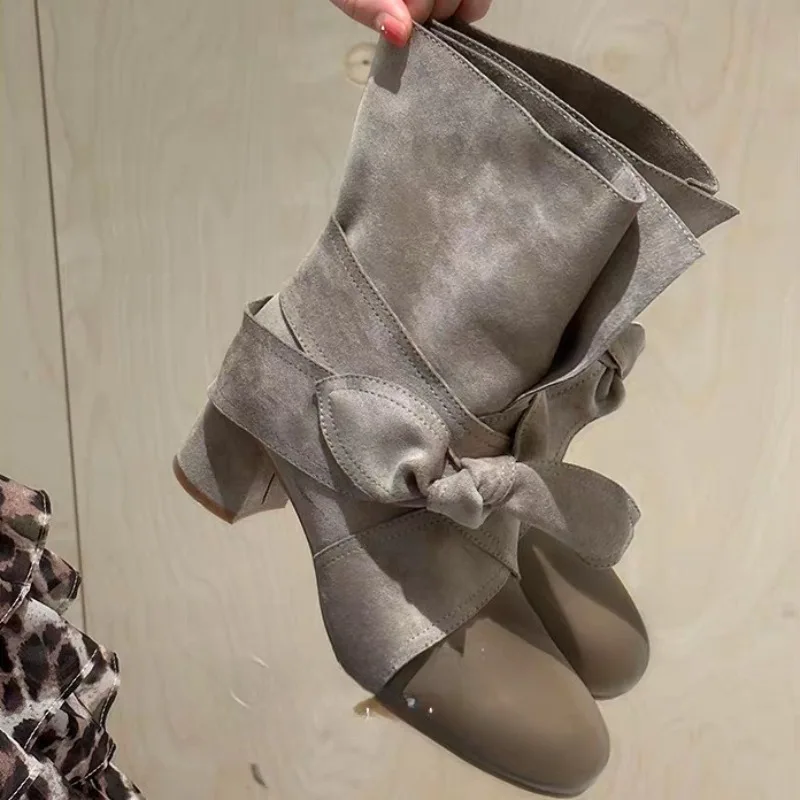Crossover Lace-Up Pile Mid-Cone Boots Small Heightened Block Heel Retro Temperament High Heels