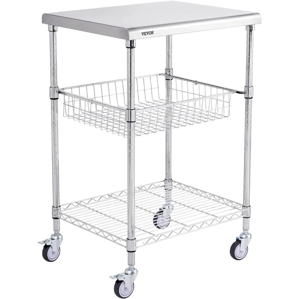 

VEVOR Kitchen Utility Cart, 36.6"x20"x24" 3 Tiers Wire Rolling Cart, 470LBS Capacity Steel Service Cart with Brake Wheels