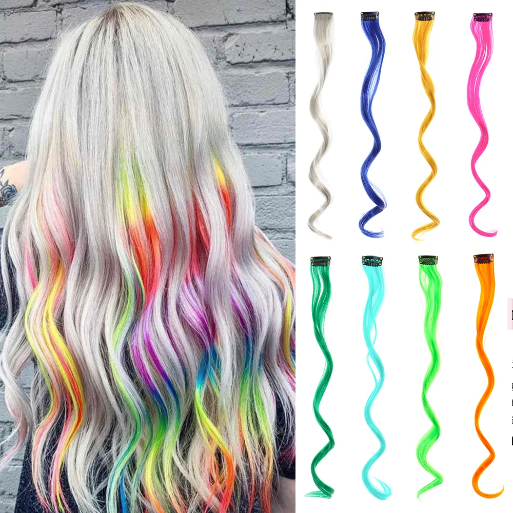 Extensiones de Cabello sintético con un Clip, pieza de cabello arcoíris resistente al calor para niños y mujeres, largo, rizado, estilo ondulado,