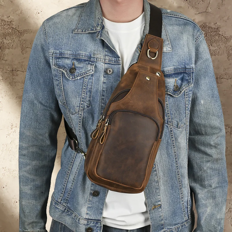 Chest Bag 100% Genuine Leather Casual Triangle Crossbody Design Travel Shoulder Backpack Men Leather Multifunctional Bag