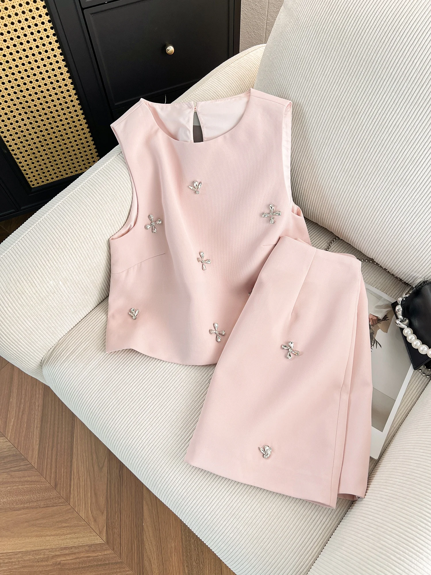 الحلو مكافحة الشيخوخة الصيف جديد Faionable الماس Embellied Svel أعلى عالية الخصر واسعة الساق السراويل النسائية مجموعة #1