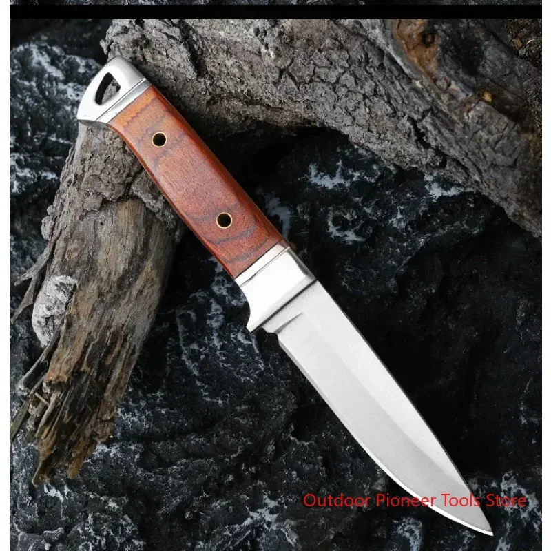 New outdoor red mahogany handle pocket knife, high hardness 5CR13 steel straight knife, camping and hunting self-defense knife