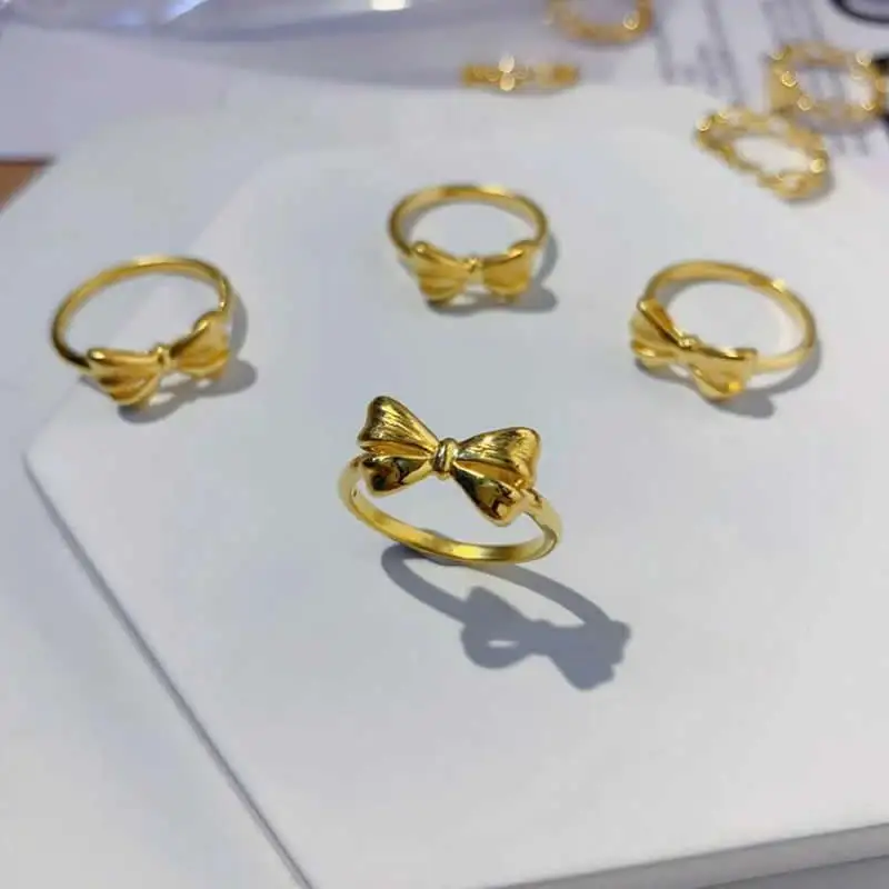 Solid 24K Yellow Gold Ring Women 999 Gold Bow Ring 1pcs