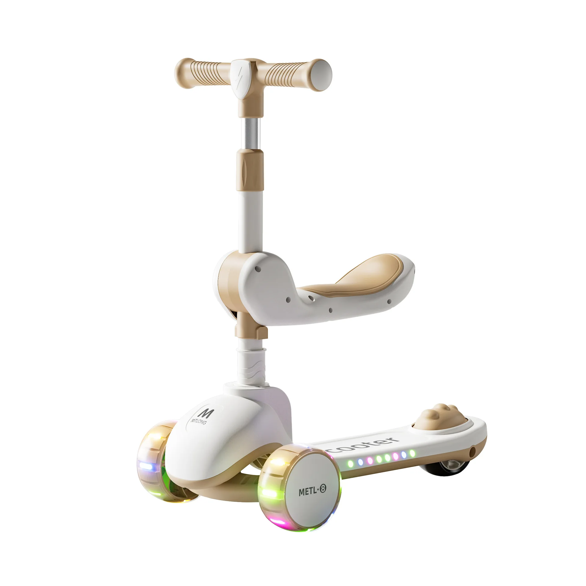 สกู๊ตเตอร์เด็กแบบพับได้ 3 in 1 พร้อมเสียงเพลงและไฟ  แฮนด์บาร์ปรับได้สำหรับการเลี้ยวแบบเอน  ที่นั่งถอดออกได้  ระบบเบรกนิรภัย สำหรับเด็กชายและเด็กหญิง