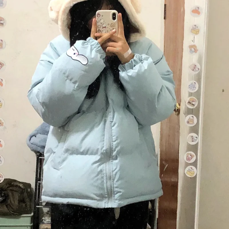 Sanrio Cinnamoroll Cute Embroidered Jacket Women Autumn Winter Japanese Style Sweet Cotton Padded Coat Y2k Girl Thick Top Hooded