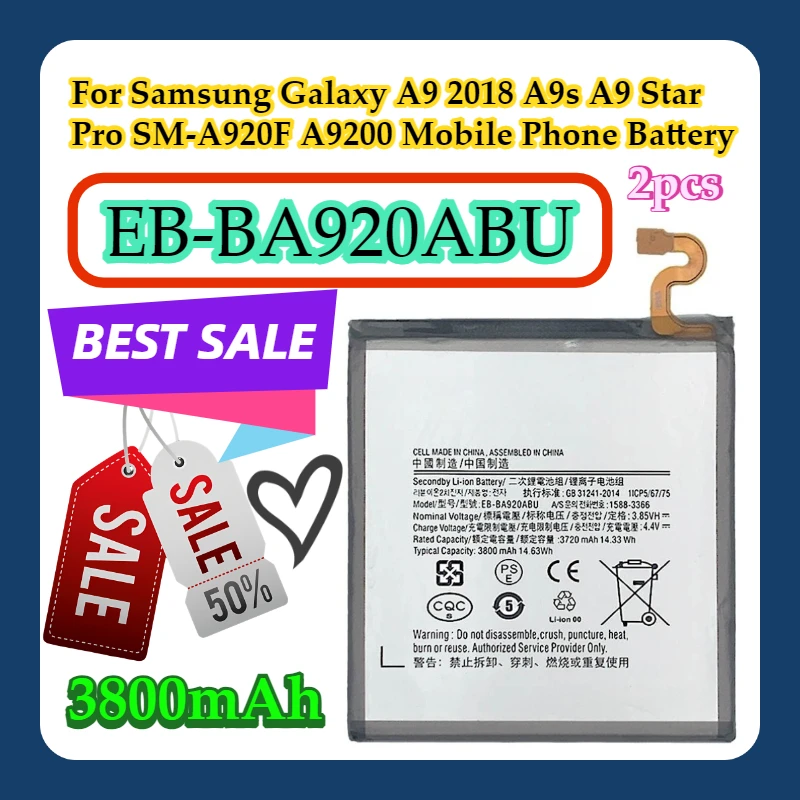 

2 шт. для мобильного телефона Samsung Galaxy A9 2018 A9s A9 Star Pro SM-A920F A9200 EB-BA920ABU 3800 мАч