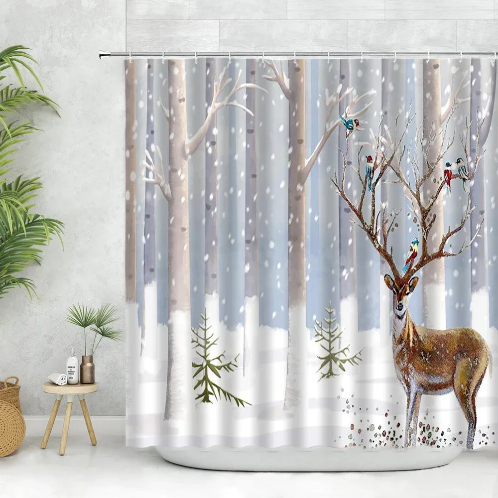 Deer Landscapes Shower Curtains Birch Tree Wildlife Animals Europe-style Scenery Bathroom Decor Polyester Fabric Cloth Washable