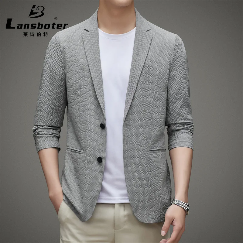 Lansboter Gray Men Suit Coat Light Luxury Lineless Cloth Wrapped Edge Non Ironing Single Western Stretch Men's Casual Youth