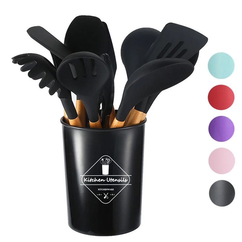 

12Pcs Wooden Handle Silicone Kitchen Utensil Set with Storage Bucket High Temperature Resistant Non-Stick Spatula Spoon Rack Set