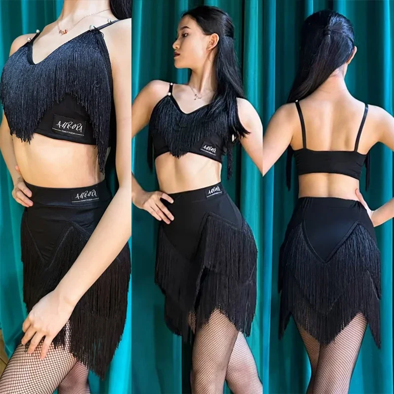 

Black Latin Dance Dress Women Tassel Tops Fringe Skirt ChaCha Rumba Samba Performance Costume Adult Latin Practice Wear DNV17994