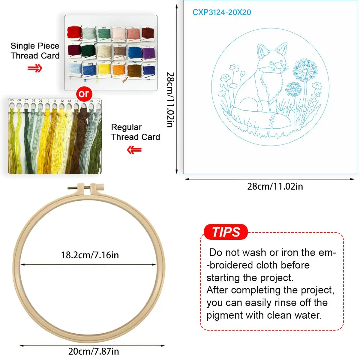 1 Stück 20X20CM/15X15CM 7,87/6,3 Zoll Tier - Fuchs Stickerei Starter-Kit DIY-Kit DIY-Stickerei-Set Handarbeiten Malerei – Detail 5