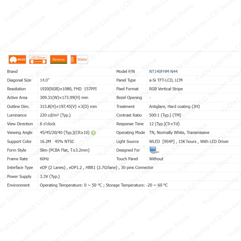 Imagem -04 - Tela Lcd para Laptop 14 em Nt140fhm-n43 Nt140fhm-n44 Nt140fhm-n32 B140htn02.0 Display Matrix Panel Fhd 1920x1080 Edp 30 Pinos