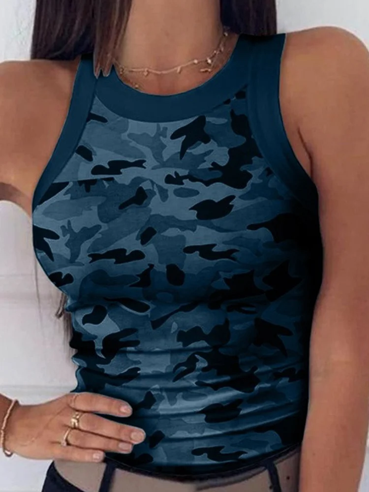 Sexy Sleeveless Small Camisole Women Camo Print Tank Tops Summer Casual O-Neck Elastic T-shirt Wear Bottoming Tops Outside — zdjęcie 3