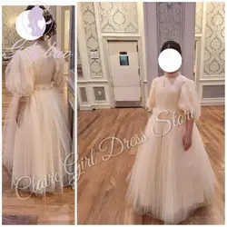 Customized 2025 Flower Girl Dress For Wedding 3/4 Sleeves Pleated Tulle Pageant Kids Birthday First Communion Bridesmaid Gown