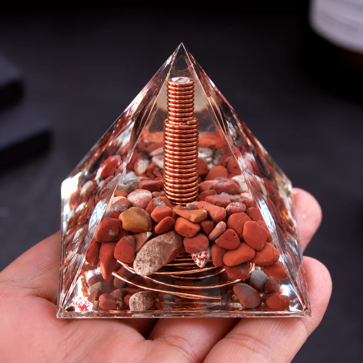 Orgone Pyramid with Spiral Copper Wire Natural Red Jasper Gravel Orgonite Energy Generator Meditation Ornament Crystal Gift