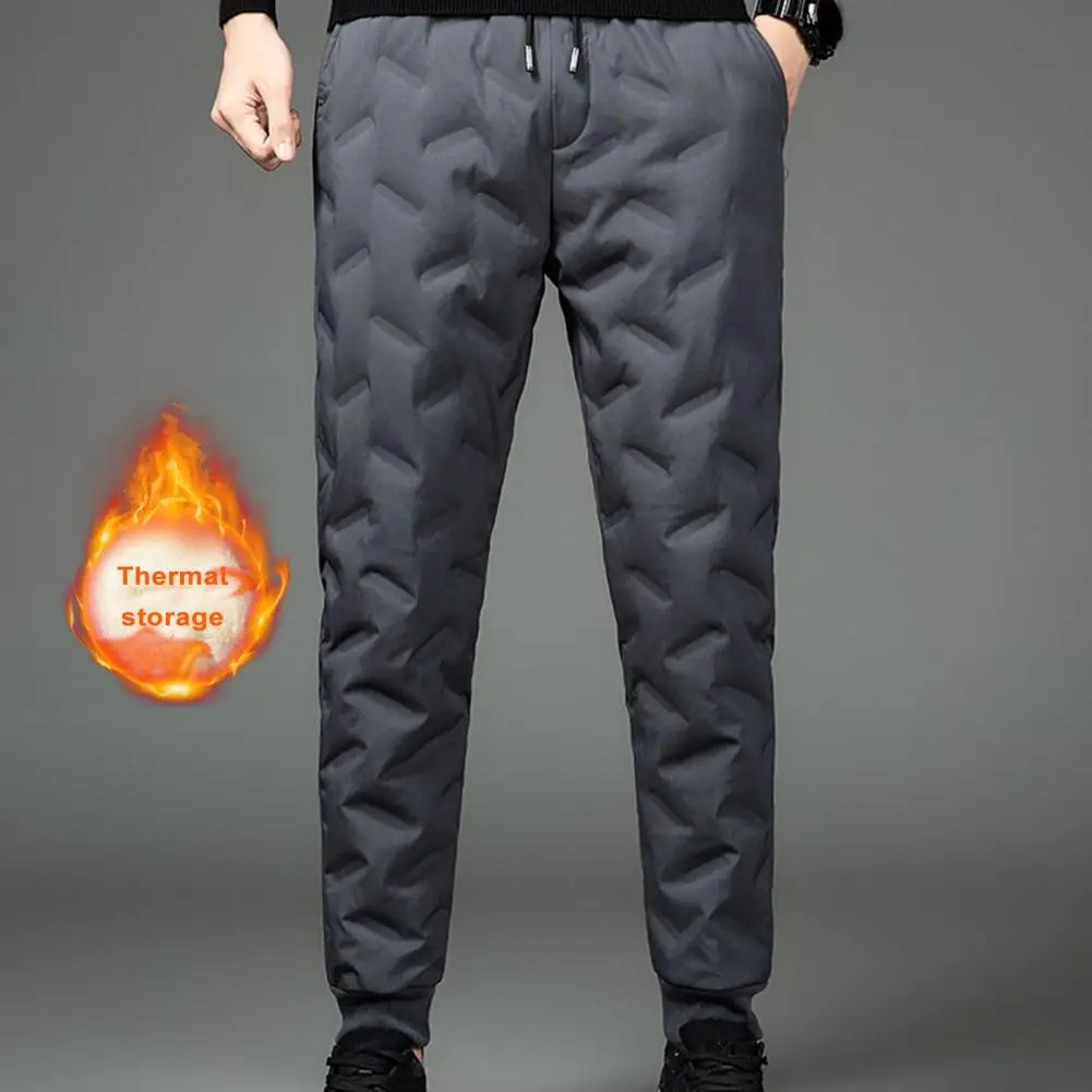 Men Down Sweatpants Elastic Waistband Drawstring Fleece Lining Pants Pockets Waterproof Coldproof Long Trousers Streetwear