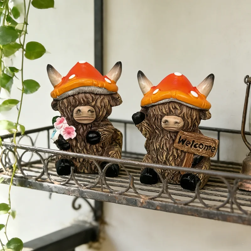 1 Pcs Crafts Adorable Highland Yak Sign Figurine Cute Cartoon Cow Statue Resin Mushroom Animal Sculpture Ornament Farmhouse