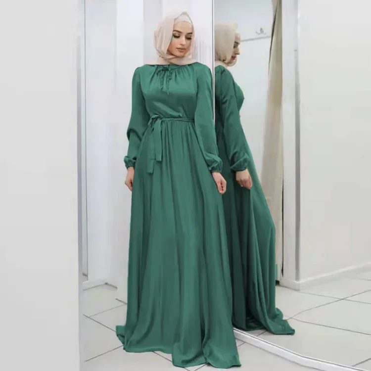 Imagem -04 - Hijab Vestido de Cetim Ramadan Muçulmano Moda com Cinto Abaya Dubai Turquia Árabe Africano Maxi Vestidos para Mulheres Islam Roupas Kaftan