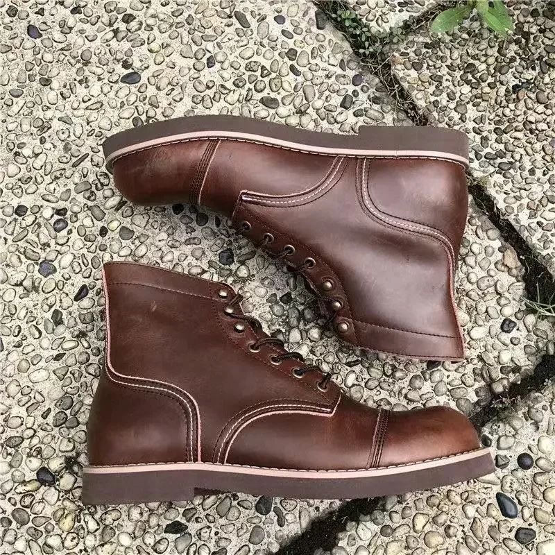 Winter Vintage Tooling Wings Men Motorcycle Boots Quality Cow Leather Round Toe Red Brwon Casual Ankle Shoes Zapatos Hombre