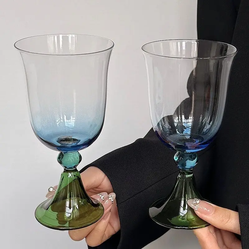 Vintage Glass Cup Personalized Transparent Gradient Blue Cocktail Cup Creative Green Footed Champagne Cup Party Bar Tool