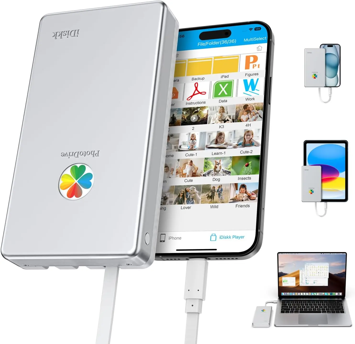 2TB External Hard Drive for iPhone, iPad, Android, Mac, PC - Portable Photo Stick with One-Tap Backup & Encryption