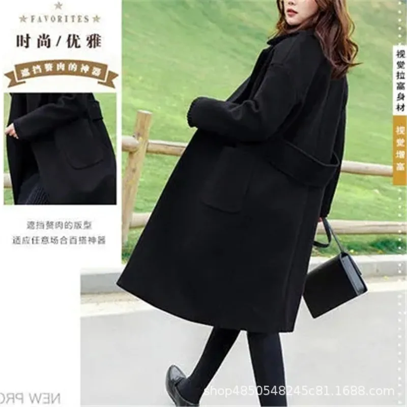 Autumn Winter Korean Mid-Long Wool Coat Women's Black Casual Overcoat