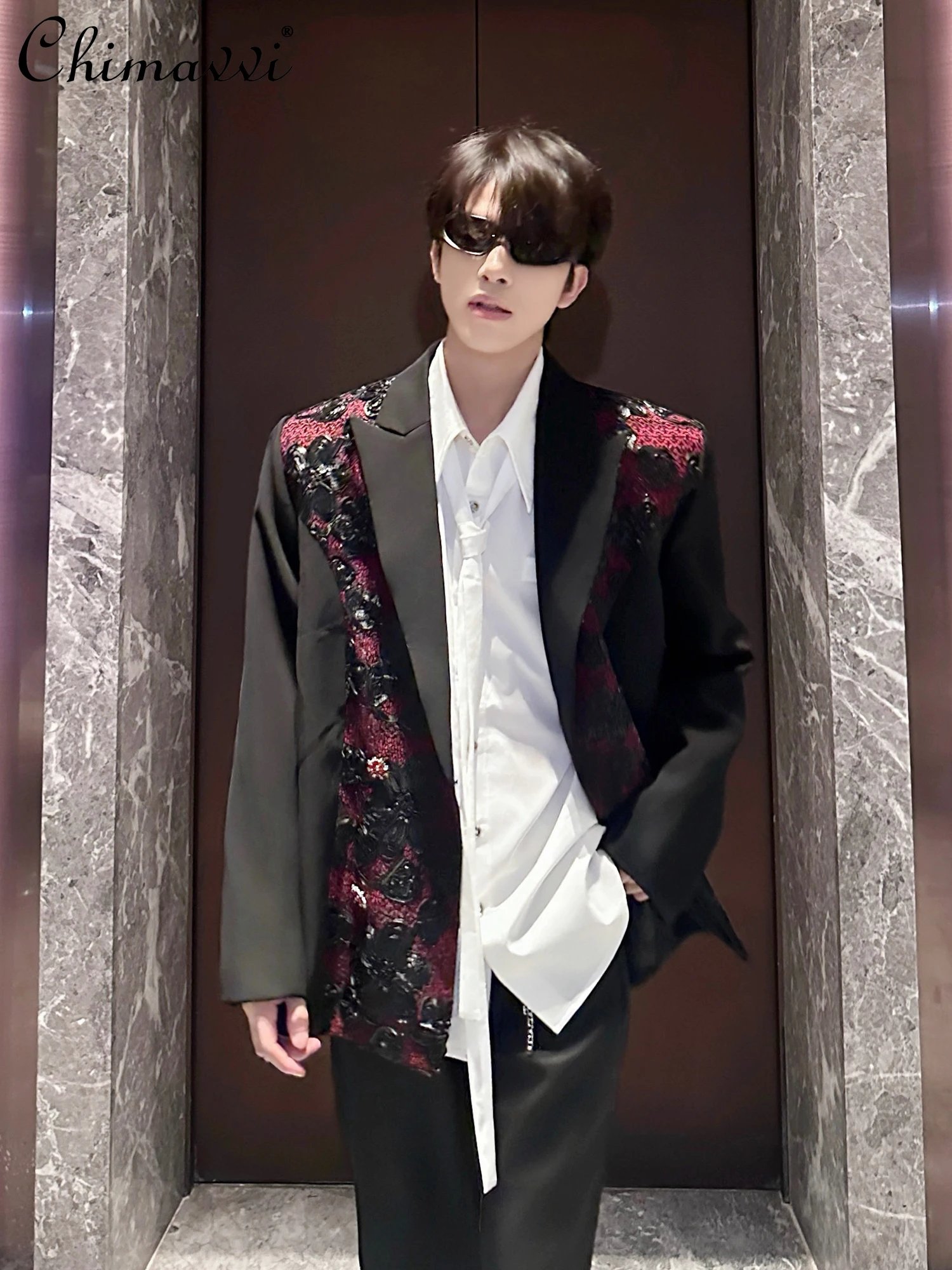 High-end Black Blazer Men's 2025 Autumn New Heavy Industry Embroidery Splicing Design Light Luxury Shoulder Padded Suit Coat