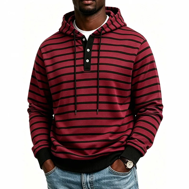 Men Striped Hoodie Henley Button Placket Drawstring Hooded Sweatshirt Long Sleeve Loose Casual Pullover Multi‑Color Tops