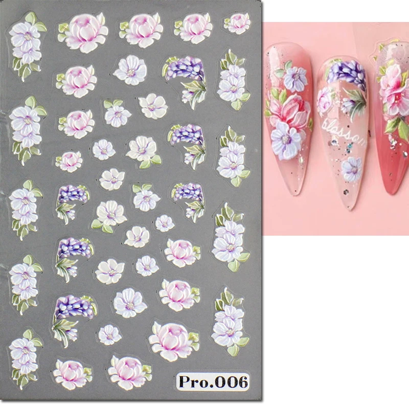 5d Emboss Nail Art Stickers Pink Purple Blooming Tulips Flowers Adhesive Sliders Nail Decals For Manicure Tips Accessories