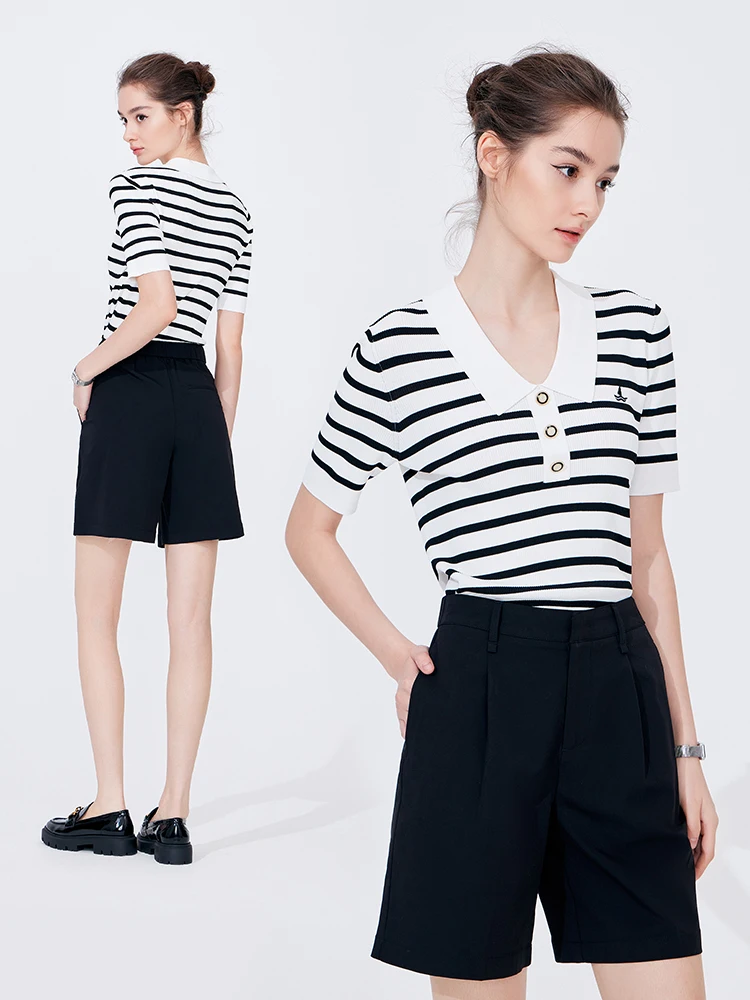 Navigare Nautical Striped ort Sve Knitwear Women's Faionable Turn-down Collar Spring Season Regular Fit Straight Tube