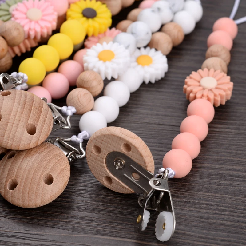 Baby Beech Round Wooden Clips Flowers Silicone Beads Pacifier Chain For Teether Nursing Toys Handmade Dummy Holder BPA Free