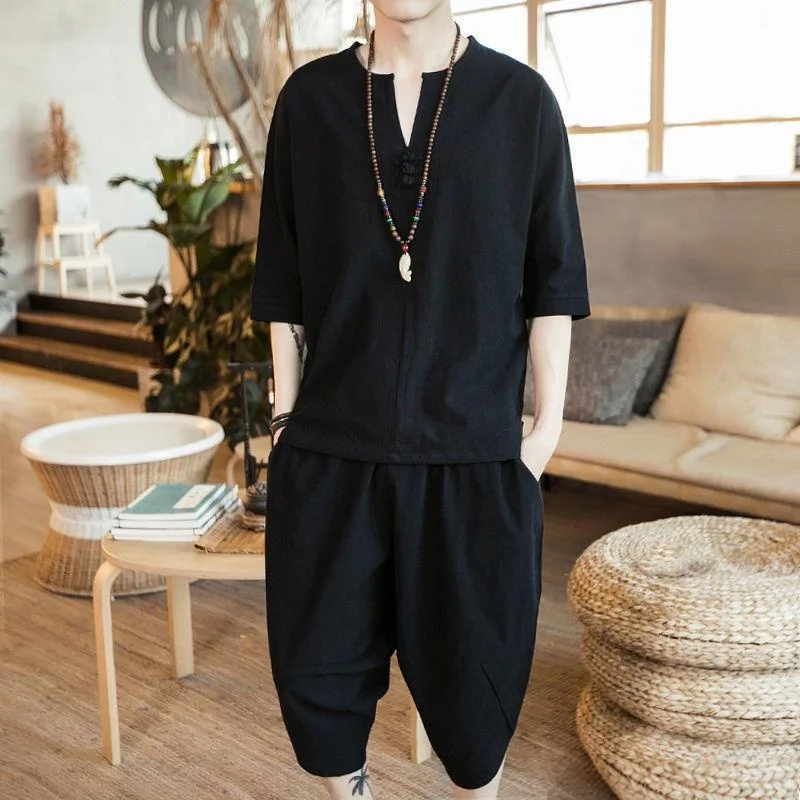 Premium Men's Linen Short Sleeve T-Shirt & Seven-Foot Pants Set – Thin Cotton Hanfu Loose Fit Casual Sportswear, Hot Sale